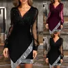 Dames casual jurken mesh patchwork sexy jurk sexy v-hals effen kleur eenstaps rok socket perspectief lange mouw onregelmatige zoom pailletten versieren een stuk