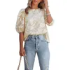 Women Crew Neck Chiffon Bluses Print Floral Short Sleeve Summer Casual Loose Work Shirts Blus Tops