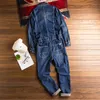 Men's Jeans Spring And Autumn Overalls Men's Denim Jumpsuits Long Sleeve Lapel Loose Blue Cargo Pants Fashion Workwear TrousersMen's