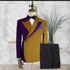 Fashion Yellow and Purple Mens Wedding Tuxedos Double collar design Groom Groomsmen Tuxedos Brand New Man Blazers Jacket Excellent 2 Piece Suit Jacket Pants Tie 62