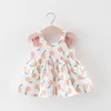 여자 여름 새로운 dungaree 드레스 작은 어린이 아기 소녀 귀여운 딸기 민소매 드레스 + 밀 짚 모자 공주 드레스