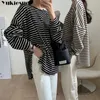 Casual Oversized Striped T shirts for Women Loose Long Sleeve Female Tees O neck Side Split Pullovers Femme Ladies Tops 210412