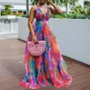 Mode elegant ärmlös sling party klänning sexig djup v backless lady maxi es casual tie dye print kvinnor strand lång 220713