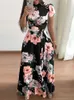 Kvinnors sommarlånga klänning avslappnad långärmad boho blommig tryck maxi klänning Turtleneck Bandage Elegant Party Dresses Vestidos 220531