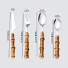 Dinnerware Set 18/10 Stainless Steel Tableware Natural Bamboo Hand Knife Fork Spoon Luxury Cutlery Set Flatware