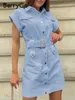 BerryGo Elegant summer shirt dress short sleeve office women Single breasted belt mini Blue pocket work vestido 220613