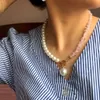 New Fashion Natural Gemstone Pearl Pendant Necklaces Women Rose Amethyst Quartz Choker Charms Gold Color Metal Neck Jewelry