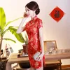 Etnik Giyim Kırmızı Klasik Saten İnce Çiçek Cheongsam Çin Geleneksel Gelin Gelinlik Vintage Qipao Vestidos Plus Boyut 3xl 4xl 5xl