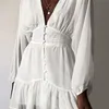 Dicloud Sexig Plunge V Neck Womens Summer Dress White Lace Långärmad mini Bröllopsfest Ruffle Elegant kläder 220805