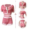 Women Sexy Plaid Print Short Sets Short Sleeve Tracksuits for Summer Sweat Outfits Crop Top Cardigans Mini Shorts Girls Vacation Party Wear