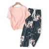 Temmuz Şarkı Çiçek Baskılı Pijama Pijama Kadın Rahat V Boyun Kısa Kollu Elastik Bel Kıyafeti Retro Kadın Pijama Setleri W220328