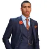 Tredelar Casual Dark Navy Single Breasted Plaid Men Suits Slim Fit Groom Wedding Dress Blazer Vest Pants Gentlemen Slim Fit