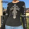 Darlingaga Grunge Goth Stampato Autunno T shirt Donna Manica lunga Retro Dark Academia Top Techwear Pullover Slim Shirt 220525