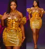 2022 Plus Size Arabic Aso Ebi Gold Sparkly Luxurious Prom Dresses Beaded Crystals Evening Formal Party Second Reception Birthday Engagement Gowns Dress ZJ206