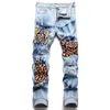 Jeans maschi europeo jean hombre uomini leopard patch strappato per i pantaloni motociclisti marchi di tendenza maschile skinny 3317