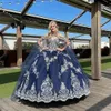 2022 Marineblaue Quinceanera-Kleider mit Umhang, silber bestickt, abnehmbarer Schal, herzförmiger Tüll, Ballkleid, formelle Abendkleider für Damen, süße 15 Mädchen