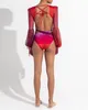 dames badkleding uit één stuk sexy zwempakken gradiënt rood en blauw glanzende verf kleuren puff long mesh mouwen zomer strandkleding goed stretch goed fit maio moda praia