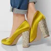 Мода - круглые пальцы ног Золотой блестящий коренастый каблук одежды ботинки блестящие шикарные каблуки женские насосы 12см бегая обувь вечеринка плюс размер банкета размера