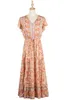 Robe Maxi rose à manches courtes et col en v pour femme, tenue Sexy à fleurs, été