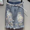Skirts 2022 Fashion Summer Pearl Beading Denim Skirt Hole Embroidery Flower High Waist A-line Jeans