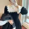 Français rétro noir Midi Dres robe élégante coréen automne SLim dentelle soirée robe de velours femme mignon 220317