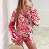 Hirigin 2pcs 해변 스타일 새틴 세트 여성 패션 풍경 패턴 버튼 다운 셔츠 및 반바지 여름 캐주얼 세트 220602