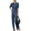 Women's Two Piece Pants Miyake Pleated Denim Suit 2022 Spring Summer Short Sleeves Coat High Waist Casual Fashion Two-Piece WomenWomen's