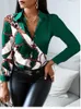 女性用ブラウスシャツ女性用長袖プリントブラウスターンダウンカラーボタンエレガントなシャツレディースオフィスウェアスプリング