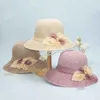 Summer Women's Sun Hat Bucket Cap Beige Lace Bowknot Flowers Ribbon Flat Top Straw Hat Beach Caps Panama