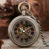 Pocket Watches Retro Black/Bronze Hand Winding Mechanical Watch Men Antique Chain Pendant Clock Transparent Cover Roman Numbers DialPocket