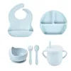 6PCS/Set Baby Silicone Tableware Cup Bowl Plate/Tray Bibs Spoon Fork Sets Children Non-slip Feeding BPA Free Dinnerware Dinner 220624