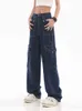 2022 Automne Harajuku Poches Vintage Cargo Jeans Y2K Bleu Foncé Taille Haute Streetwear 90S Baggy Jeans Femmes Pantalon Jambe Droite T220728
