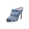 SGESVIER DENIM JEANS FABRIC BLUE WOMEN SHOID HIGH HEEL SLIDES 2022真新しいオープントゥスリッパスリップオンスリッパサンダルサイ​​ズ33-43 220610