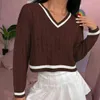 V-ringning långärmad tröja kvinnors pullover hösten ny kort fast färg