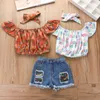 Pasgeboren mode babymeisje kleren set zomer outfits kinderen meisjes bloemenletter top shirts en shorts 2pcs/set schattige kledingpak