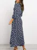 Kvinnor Chiffon Long Dress Floral Print Lantern Sleeve A-Line Maxi Vestidos Autumn Elegant Vintage V Neck Winter Dresses 220513