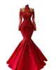 Robe de bal de sirène rouge appliquée, robe de soirée 2022, image réelle, col haut, illusion, manches longues, corset à lacets, robe trompette princesse