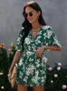 Surplice Front Allover Floral Print Belted Playsuits Women Deep V Neck Wide Leg Pants Rompers Summer Ladies Casual Jumpsuit 220513