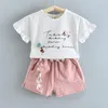 Beer leider zomer casual kinderen sets chiffon bloemen blauwe t-shirt broek meisjes kleding kinderen ingesteld voor 3-7 jaar 220326