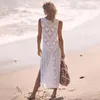 Vestido de banho feminina de mata-banho de malha branca vestido de praia túnicos ocos mangas vestidos longos de biquíni encobrimento feminino de maiô de praia praia