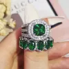 Luxury Green Black Pink Silver Color Cushion Wedding Engagement Rings Ring Sets for Women Finger Pure Personalized Jewelry R5847