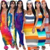 2022 Kvinnor Klänningar Designer Slim Sexig Striped Maxi Dress Tie Dye Ärmlös Beach Bodycon Kjolar Sommar Kläder Plus Storlek