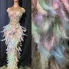 Wear Stage Sleeveless Embellished Multi-Color Feather Women Birthday Long Dress Pearl High Split Asymmetrical Dresses Evening Prom Outfitsta es