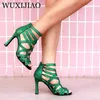 WUXIJIAO Sapatos de Dança Latina Verde Rosa Dourado Glitter Tecido Salsa Botas de Baile Femininas Cuba 220517gx