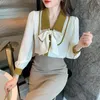 Women's Blouses & Shirts France Spring Casual Chiffon Office OL Shirt Korean Ladies Vintage Elegant Blouse Long Sleeve Patchwork Bow Chic To
