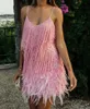 Cekiny Tassel Feather Spaghetti Pasek Sukienka Kobieta moda seksowna szwy mini sukienki damskie klub imprezowy elegancka sukienka