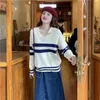 autumn student lapel stripe all-match simple retro knit sweater temperament sweater long-sleeved all-match top female forest 210412