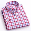 England stil mjuk 100% bomull Kortärmad tröja Singel patch Ficka sommar Casual Standard-Fit Button-Down Plaid Stripe Shirt 220322