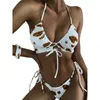 Maillots de bain pour femmes 2pcs / set femmes élégantes imprimé vache bikini deux pièces à lacets nœud papillon pour la natation maillot de bain femme