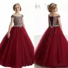 Burgundy 2022 Crystals Beaded Girls Pageant Dreess First Communion Dreess Tulle Ball Gown Kids Formal Worge Flower Girls Dresses Corset Back B0621